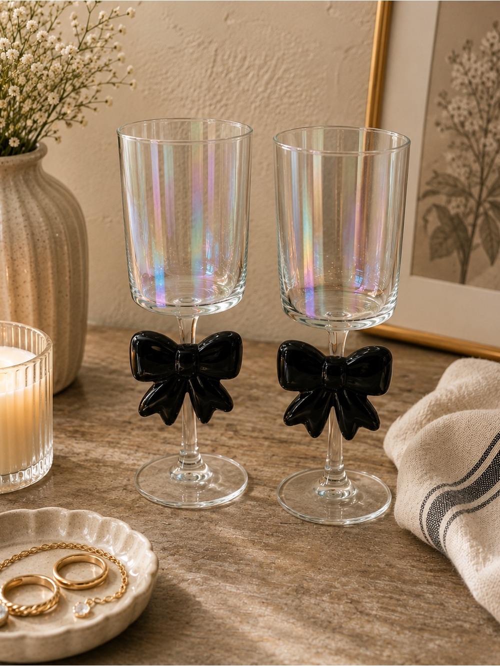 Petal & Pearl Iridescent Bow Stem Wine Glasses Set of 2